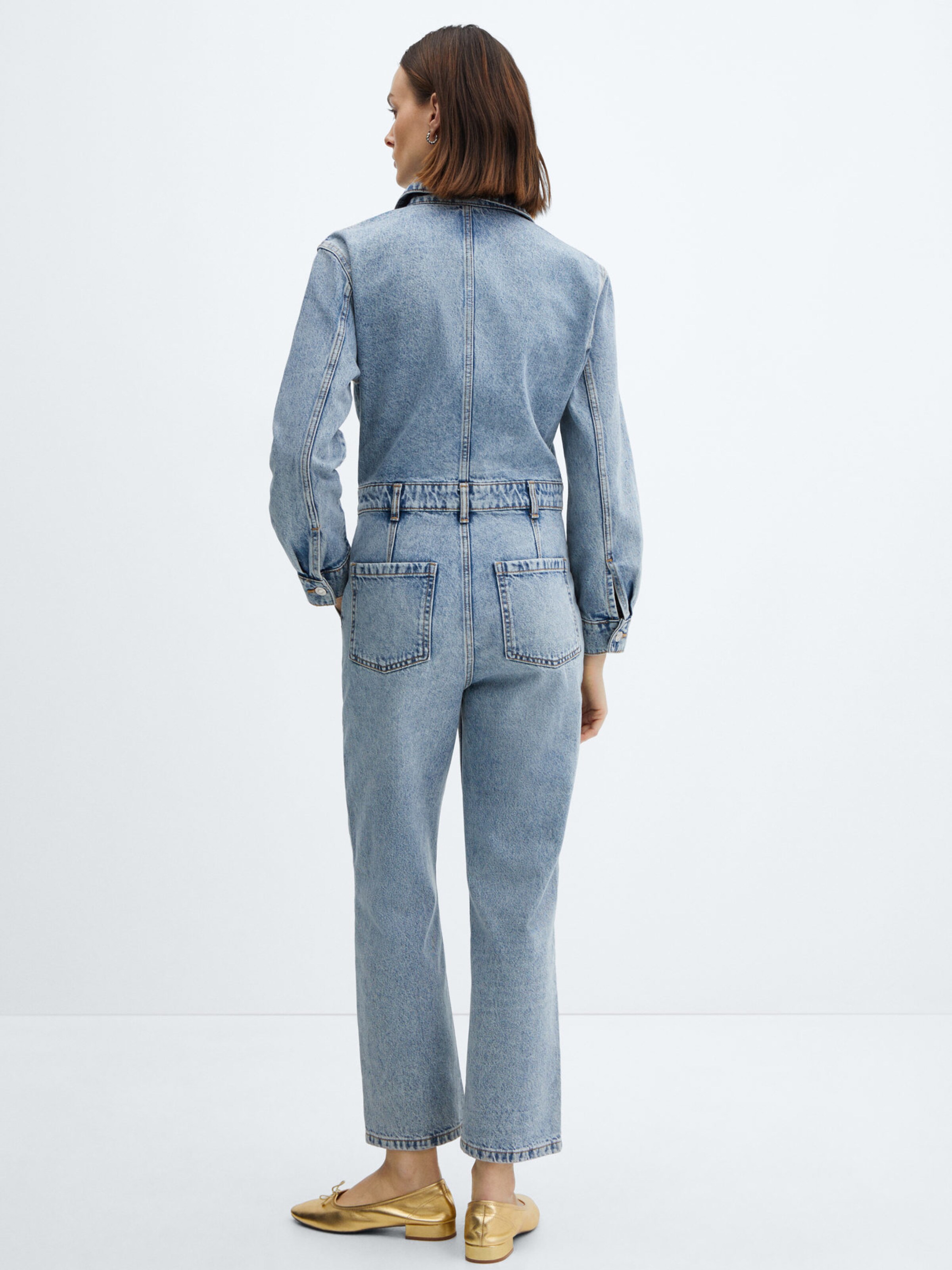MANGO WOMEN'S LONG Sleeve Denim Zip Jumpsuit in Bleach Blue Size Small  $50.70 - PicClick